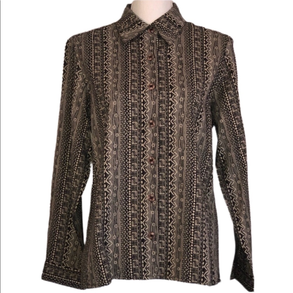 Woven Patterned Long-Sleeve Button-Up Top - Black